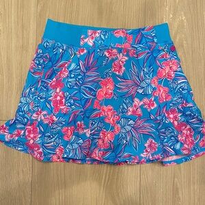 Lilly Pulitzer Teal Blue Skater Skirt with Pink Floral Print